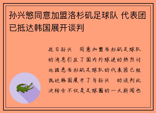 孙兴慜同意加盟洛杉矶足球队 代表团已抵达韩国展开谈判 孙兴慜同意加盟洛杉矶足球队 代表团已抵达韩国展开谈判