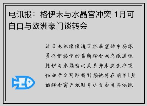 电讯报:格伊未与水晶宫冲突 1月可自由与欧洲豪门谈转会 电讯报:格伊未与水晶宫冲突 1月可自由与欧洲豪门谈转会